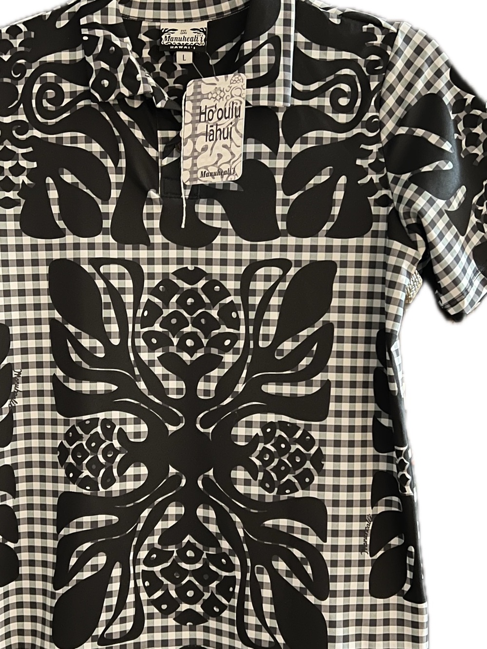 Manuhealii B&W Gingham Ulu Polo Shirt L